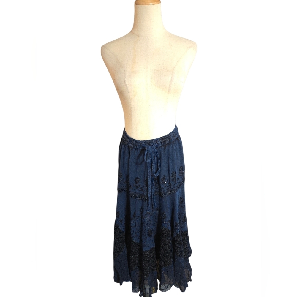 L.S.I  Blue Lace Trimmed Embellished Peasant Midi Boho Skirt NWT - Picture 2 of 7